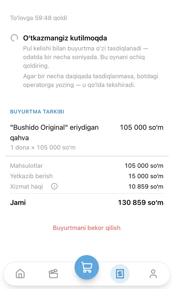 To‘lov sahifasi: o‘tkazma kutilmoqda, buyurtma tarkibi, yetkazib berish va xizmat haqi bilan jami summa